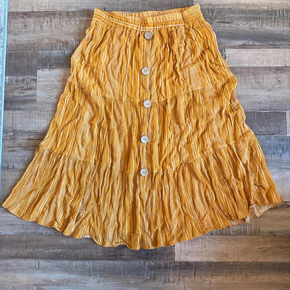 Modern Attraction Striped Flare Midi Skirt Yellow White‎ small spring brunch